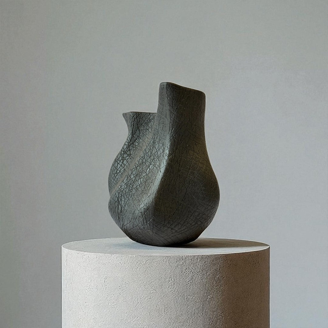 Everest Terracotta Vessel, Hand-painted in Jet Black,