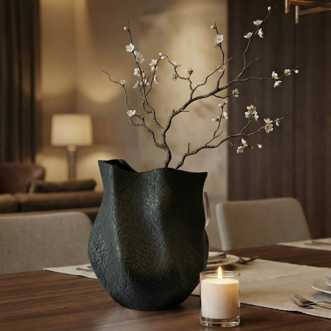 Everest Terracotta Vessel, Hand-painted in Jet Black,