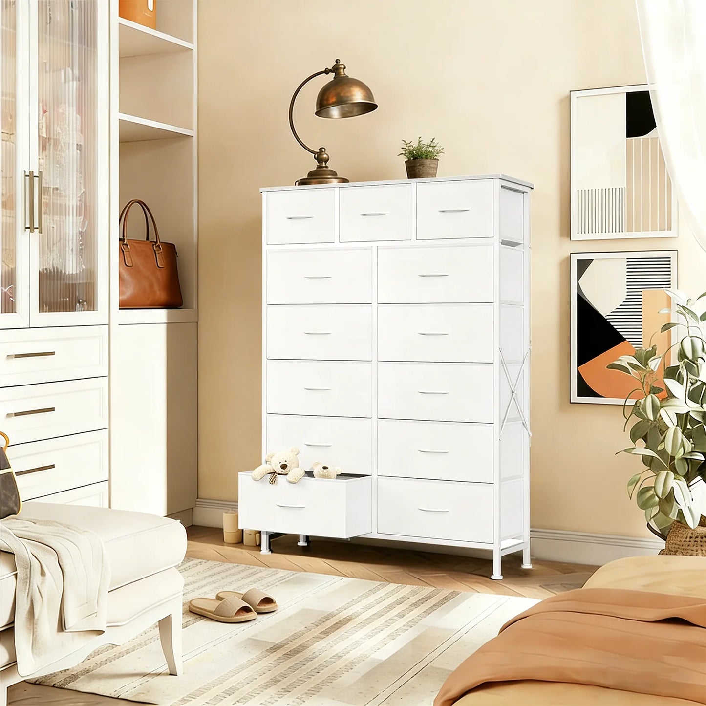 Fabric Drawers Dresser Living Room Cabinet Storage Organizer Cabinet Adjustable Feet Steel Frame Assembly Closet For Furniture Closet Bedroom Entryway