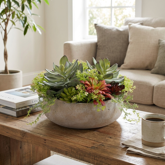 Round Artificial Succulent Arrangement, Natural Planter