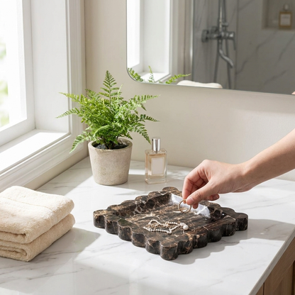 Penelope Scalloped-edge Tray in Cafe Marble