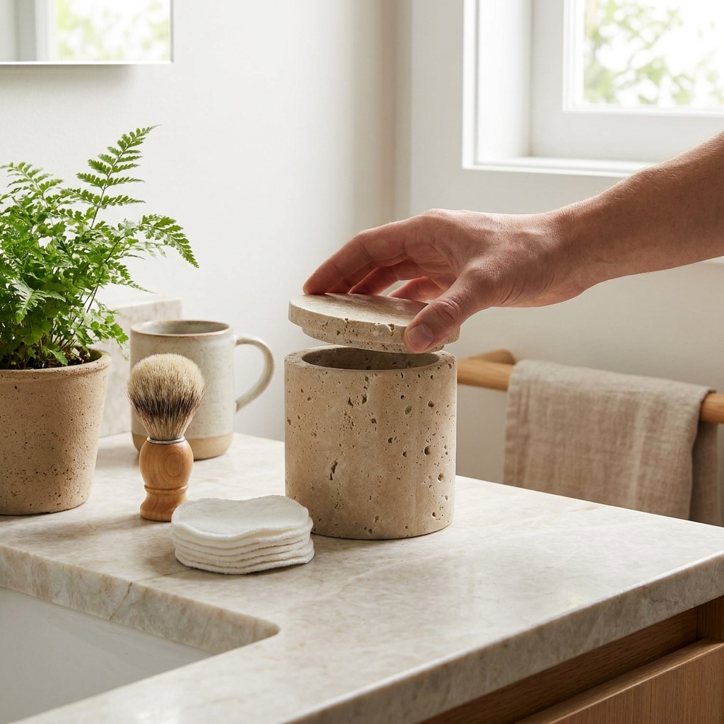 Rosalin Travertine Vessel with Lid
